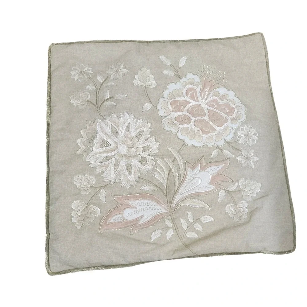 Pier 1 Imports Beige Floral Embroidered Beaded Square‎ Throw Pillow Cover